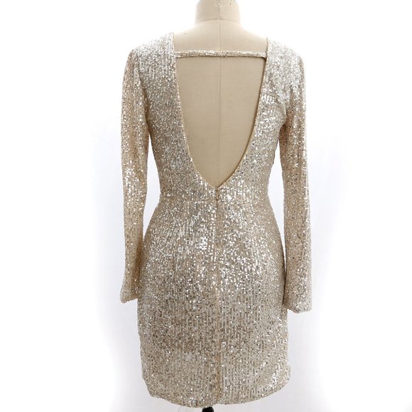 Sequin Long Sleeves V Nevk Cocktail Short Dress Cocktail Wedding New Year Party - Picture 2 of 7